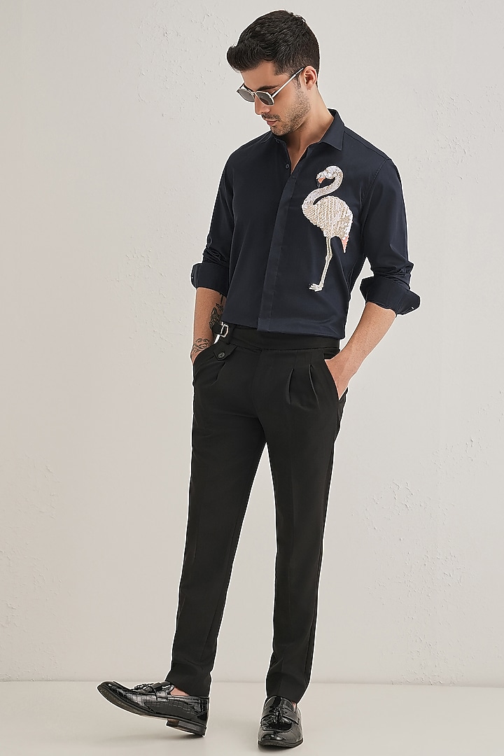 Navy Cotton & Satin Hand Embroidered Party Wear Shirt by Komal Kothari at Pernia's Pop Up Shop