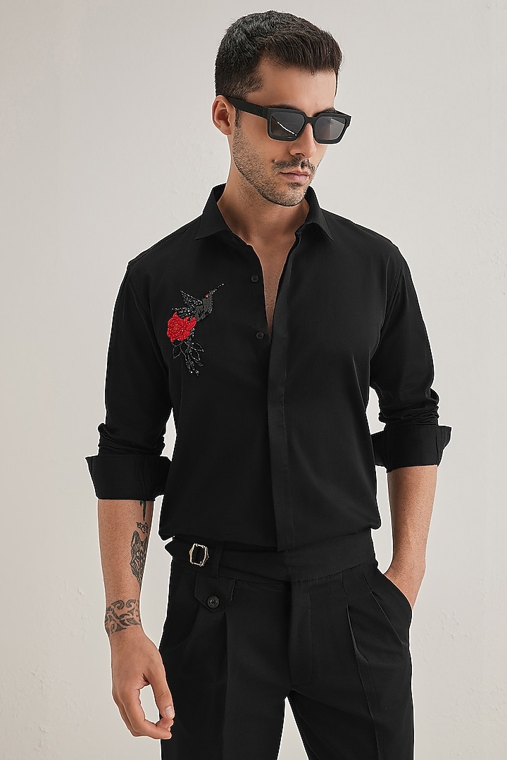 Black Cotton & Satin Hand Embroidered Party Wear Shirt by Komal Kothari at Pernia's Pop Up Shop