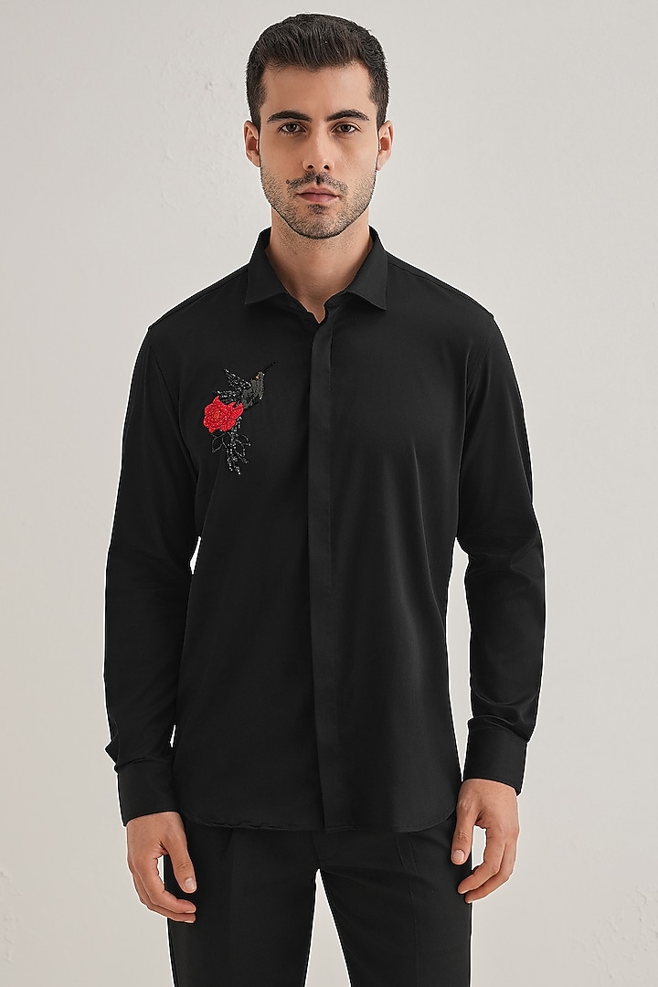 Black Cotton & Satin Hand Embroidered Party Wear Shirt by Komal Kothari at Pernia's Pop Up Shop