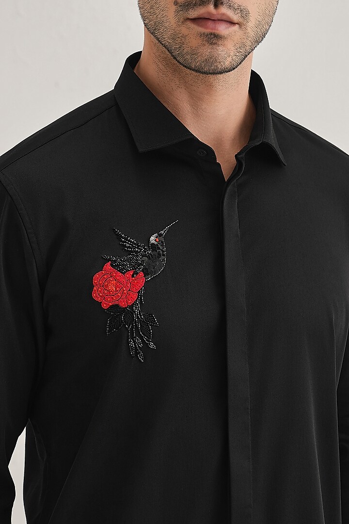 Black Cotton & Satin Hand Embroidered Party Wear Shirt by Komal Kothari at Pernia's Pop Up Shop