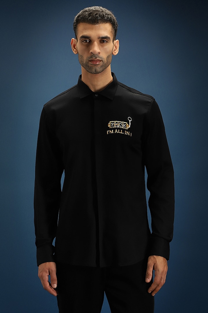 Black Cotton Hand Embroidered Party Wear Shirt by Komal Kothari at Pernia's Pop Up Shop