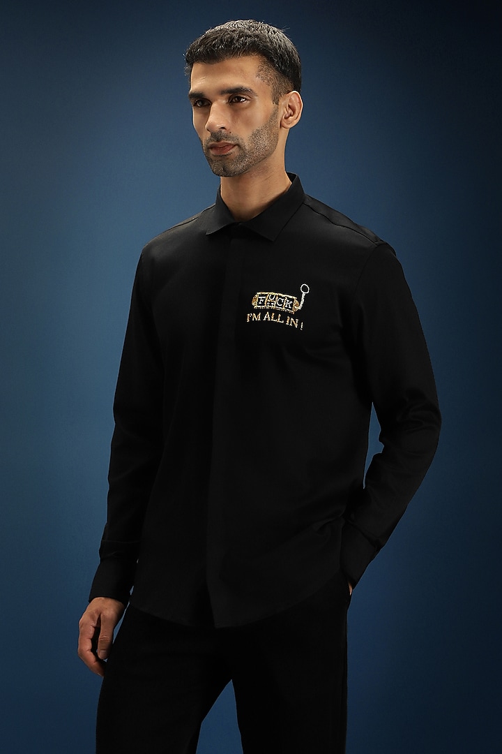 Black Cotton Hand Embroidered Party Wear Shirt by Komal Kothari at Pernia's Pop Up Shop