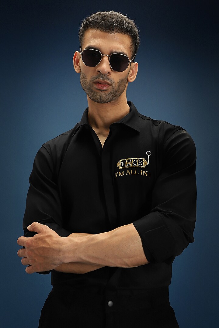 Black Cotton Hand Embroidered Party Wear Shirt by Komal Kothari at Pernia's Pop Up Shop