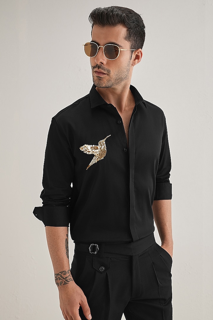 Black Cotton & Satin Hand Embroidered Party Wear Shirt by Komal Kothari at Pernia's Pop Up Shop