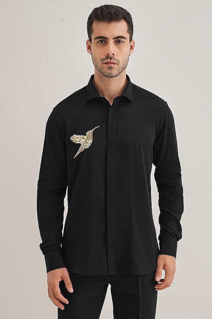 Black Cotton & Satin Hand Embroidered Party Wear Shirt by Komal Kothari at Pernia's Pop Up Shop