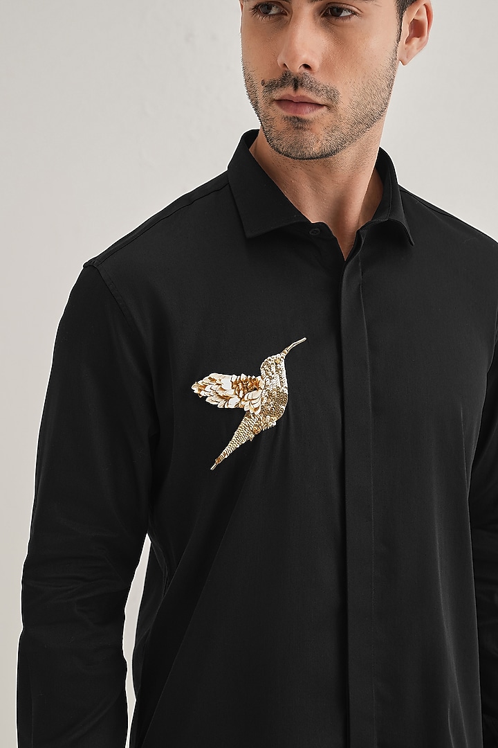 Black Cotton & Satin Hand Embroidered Party Wear Shirt by Komal Kothari at Pernia's Pop Up Shop