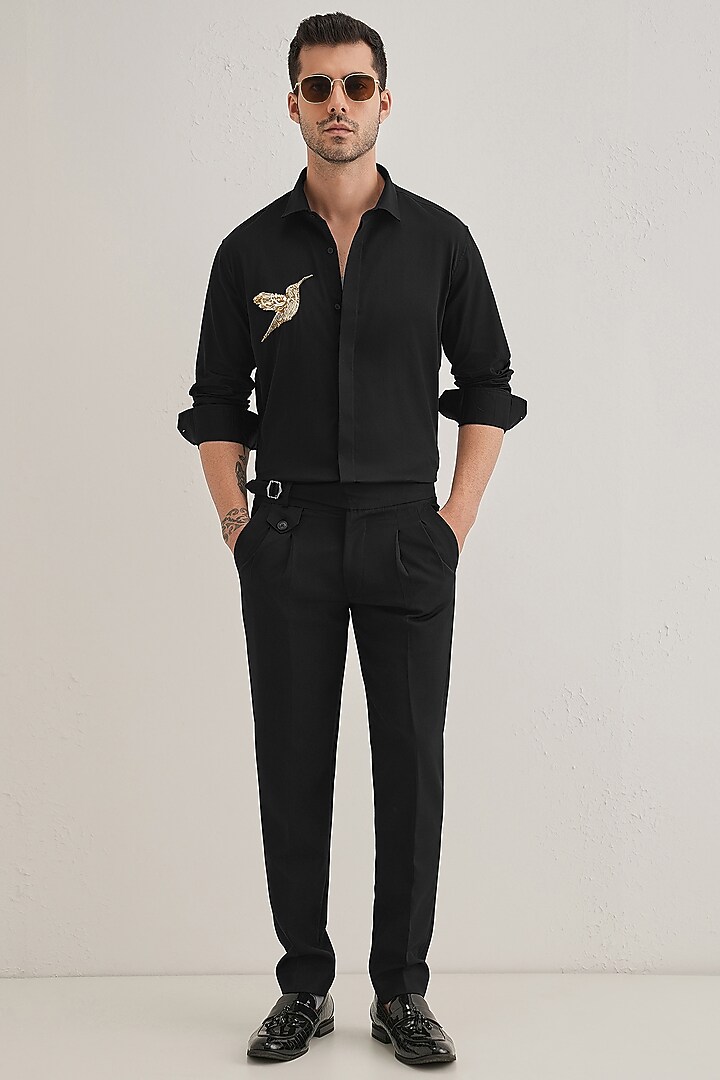 Black Cotton & Satin Hand Embroidered Party Wear Shirt by Komal Kothari at Pernia's Pop Up Shop