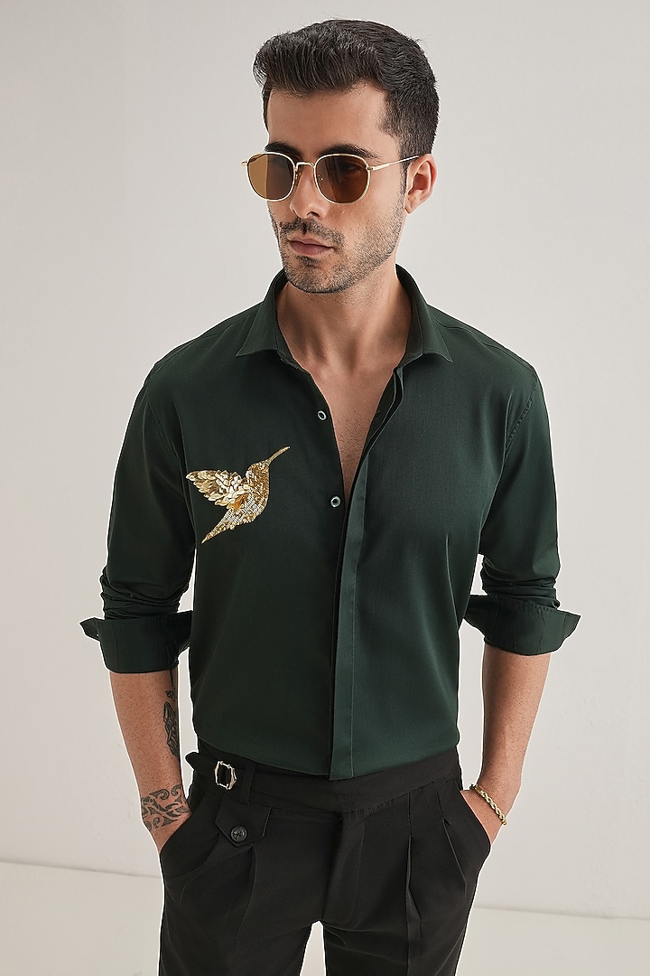 Bottle Green Cotton & Satin Hand Embroidered Party Wear Shirt by Komal Kothari at Pernia's Pop Up Shop