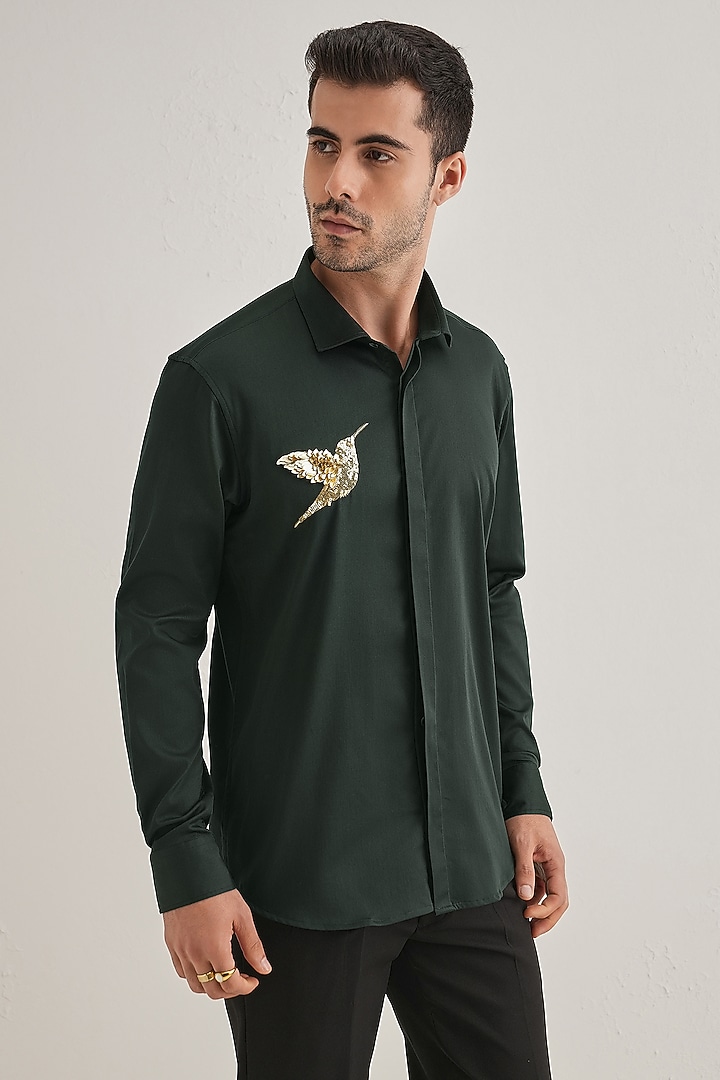 Bottle Green Cotton & Satin Hand Embroidered Party Wear Shirt by Komal Kothari at Pernia's Pop Up Shop
