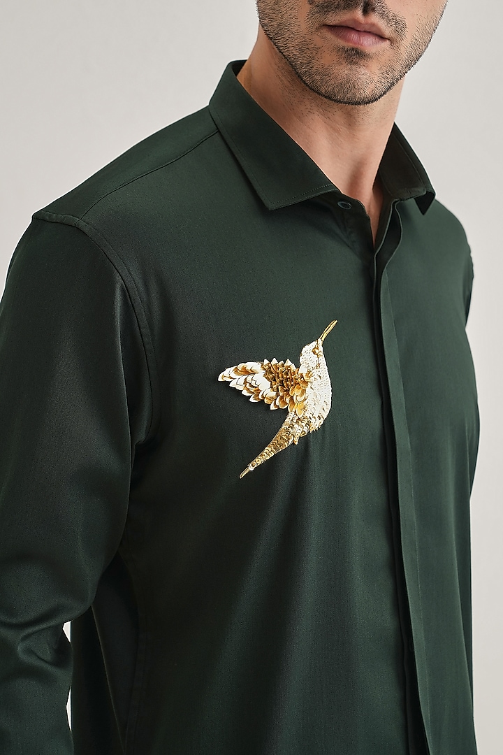 Bottle Green Cotton & Satin Hand Embroidered Party Wear Shirt by Komal Kothari at Pernia's Pop Up Shop
