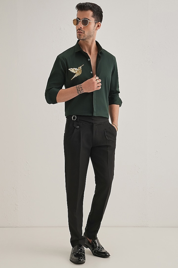 Bottle Green Cotton & Satin Hand Embroidered Party Wear Shirt by Komal Kothari at Pernia's Pop Up Shop