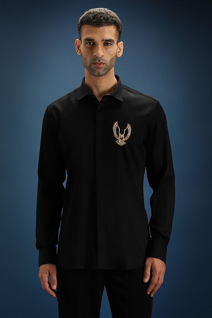 Black Cotton Hand Embroidered Party Wear Shirt by Komal Kothari at Pernia's Pop Up Shop
