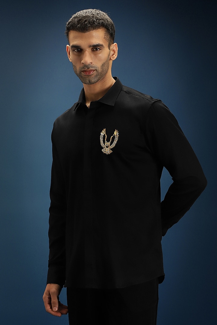 Black Cotton Hand Embroidered Party Wear Shirt by Komal Kothari at Pernia's Pop Up Shop