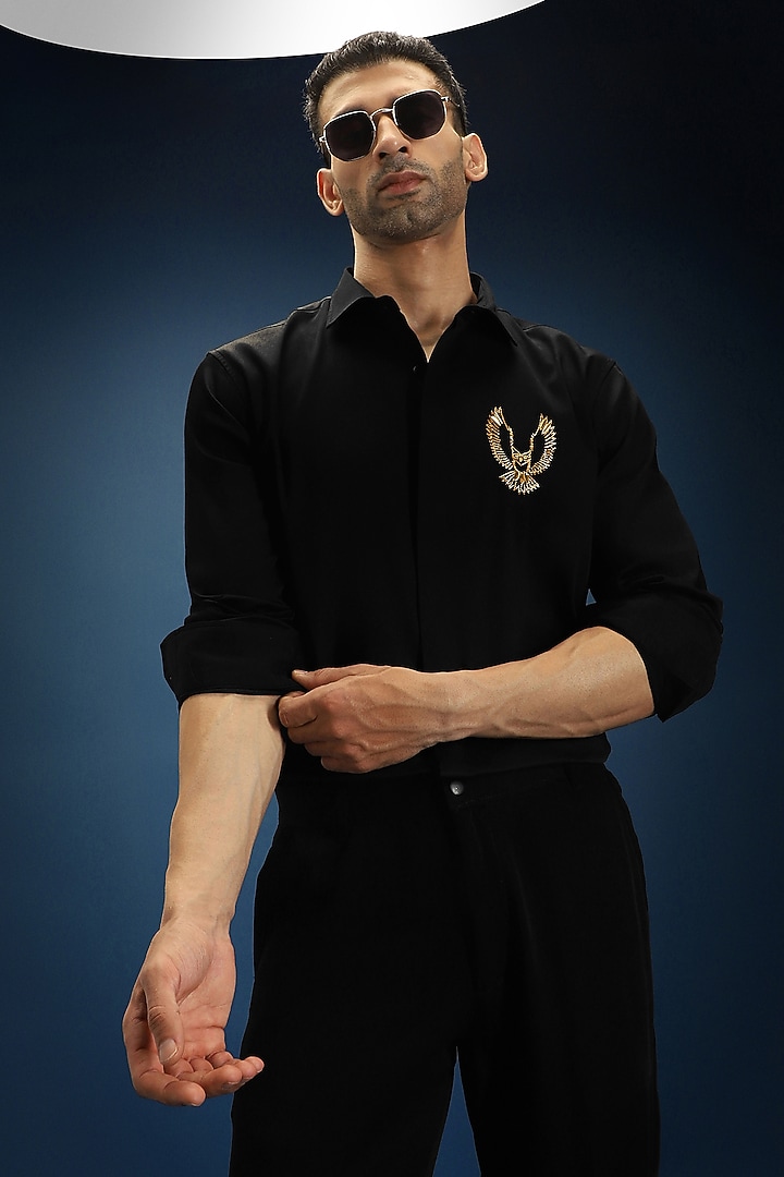 Black Cotton Hand Embroidered Party Wear Shirt by Komal Kothari at Pernia's Pop Up Shop