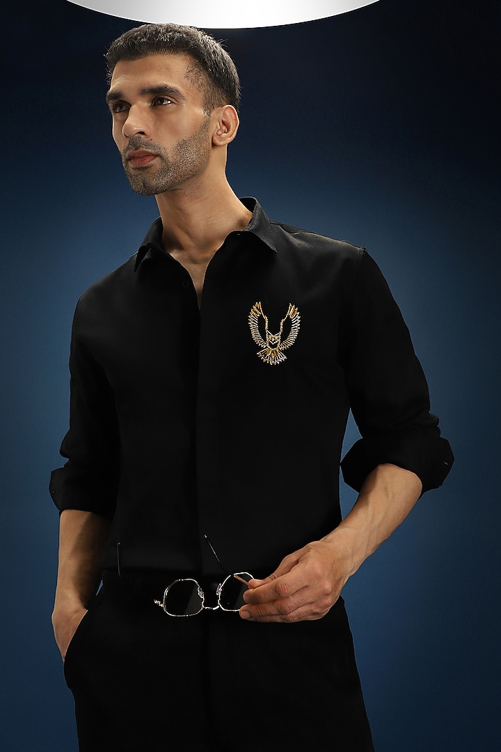 Black Cotton Hand Embroidered Party Wear Shirt by Komal Kothari at Pernia's Pop Up Shop