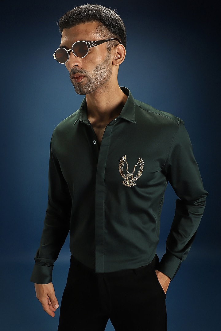 Bottle Green Cotton & Satin Hand Embroidered Party Wear Shirt by Komal Kothari at Pernia's Pop Up Shop