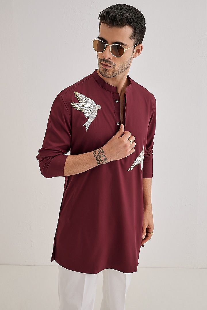 Burgundy Cotton Hand Embroidered Kurta by Komal Kothari at Pernia's Pop Up Shop