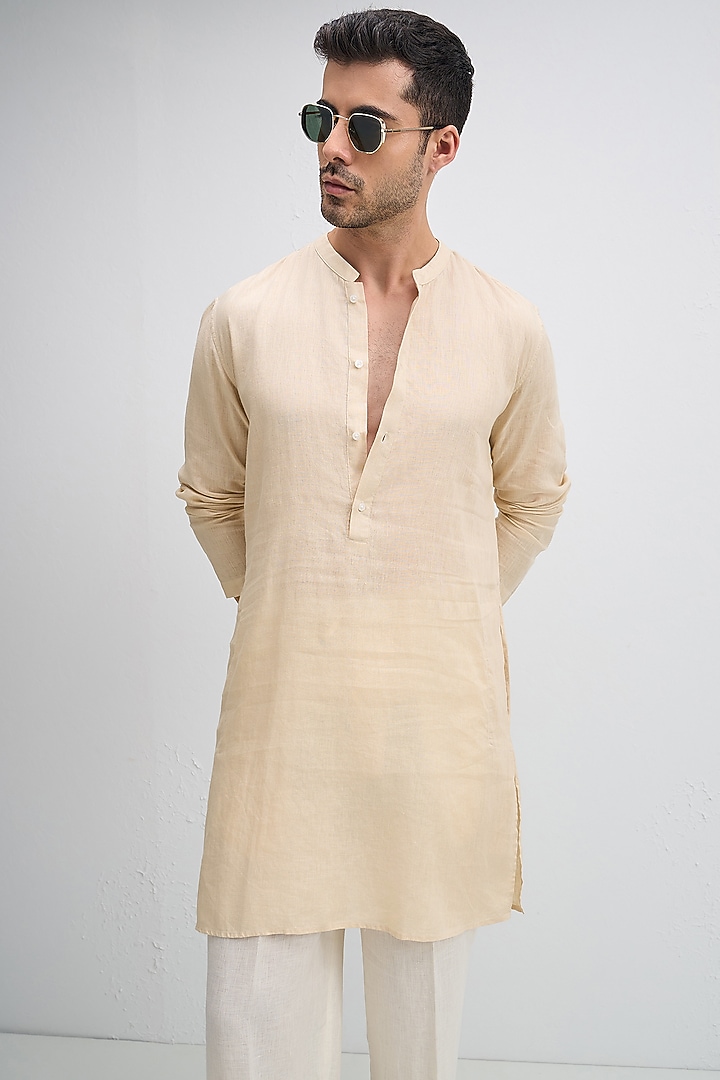 Beige Linen Woven Kurta by Komal Kothari at Pernia's Pop Up Shop