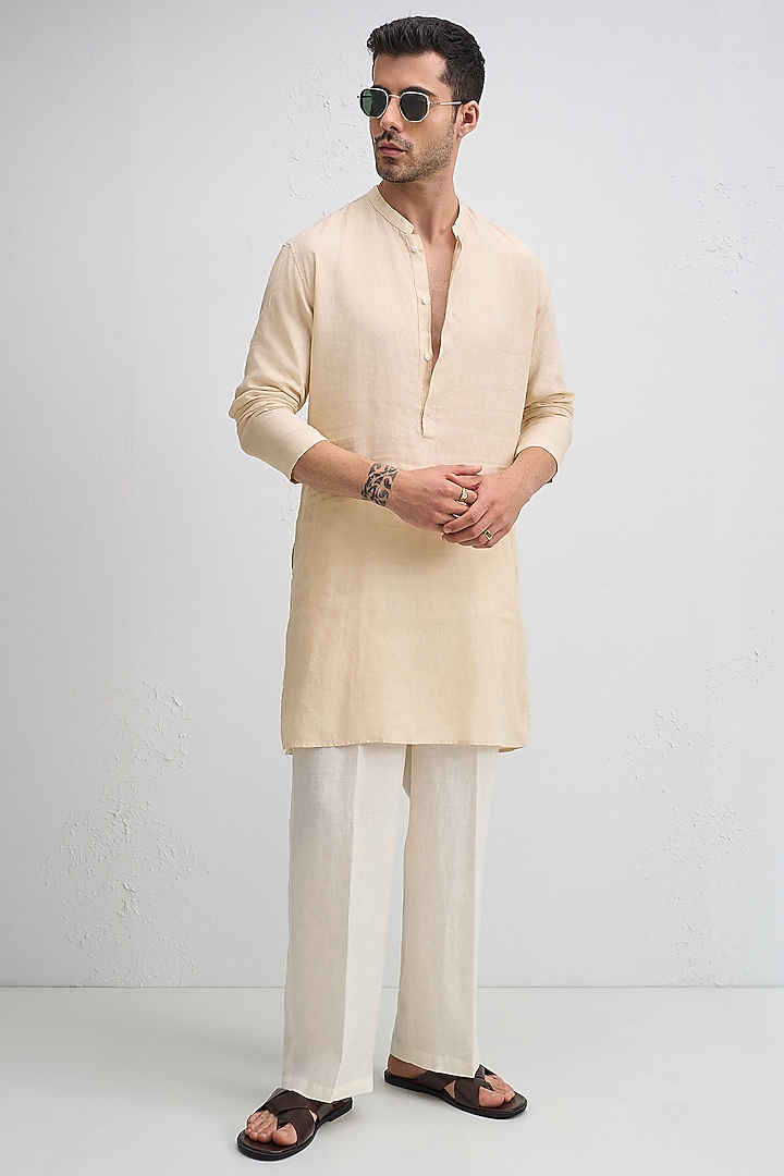 Beige Linen Woven Kurta by Komal Kothari at Pernia's Pop Up Shop