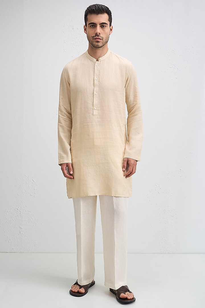 Beige Linen Woven Kurta Set by Komal Kothari at Pernia's Pop Up Shop