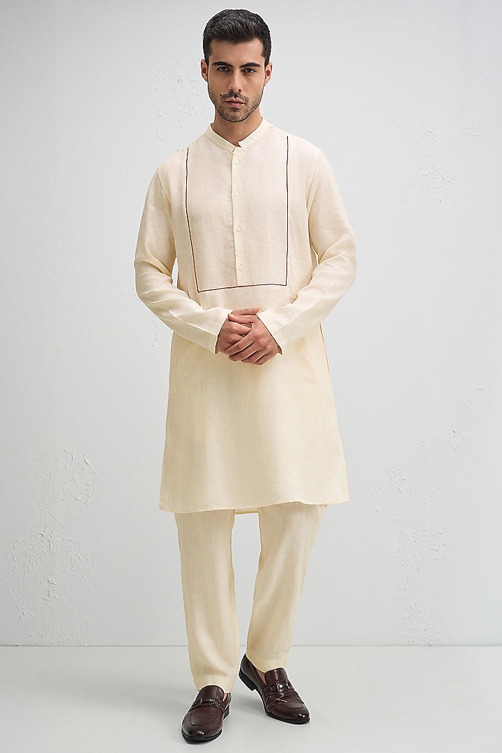 Ivory Linen Woven Kurta by Komal Kothari at Pernia's Pop Up Shop