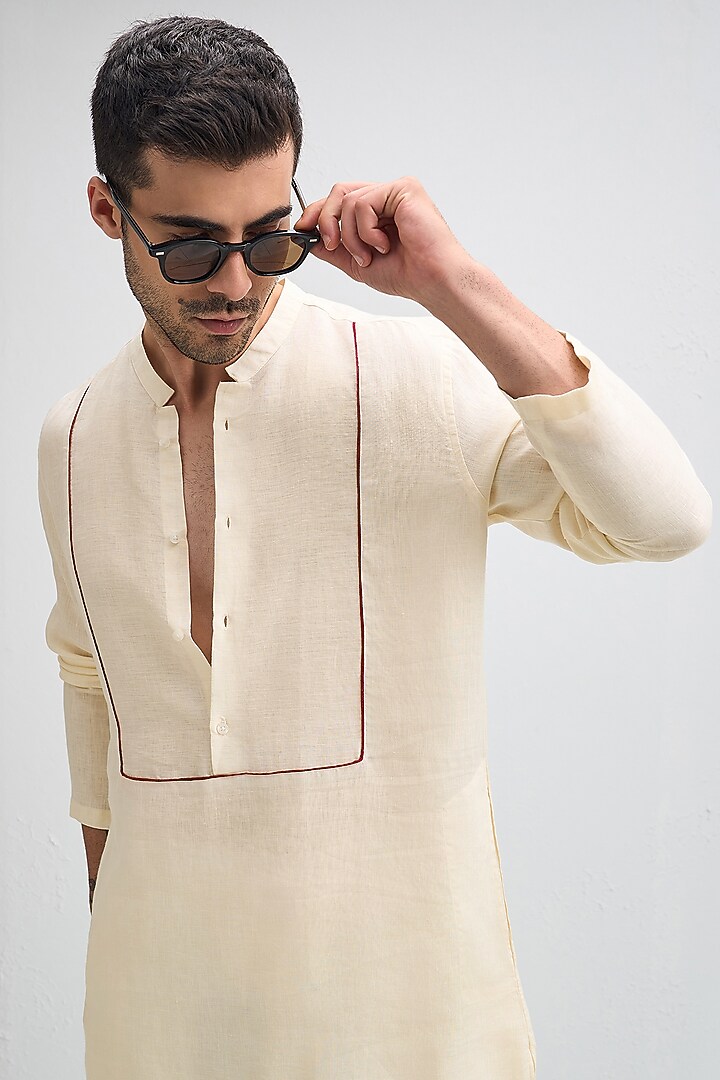 Ivory Linen Woven Kurta by Komal Kothari at Pernia's Pop Up Shop