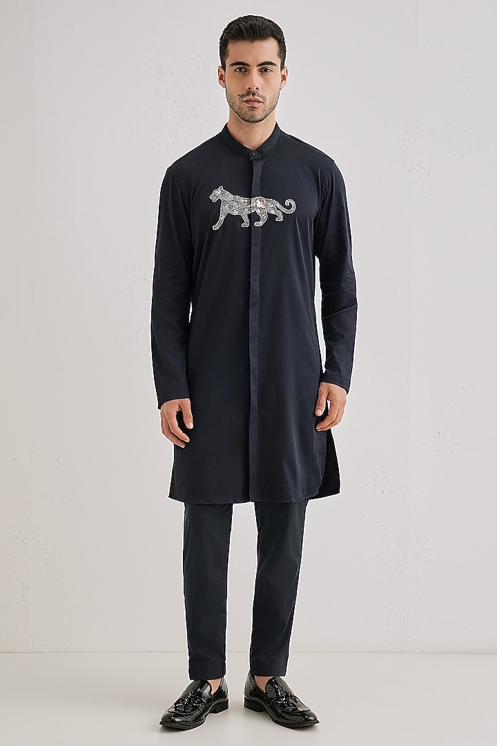 Navy Cotton & Satin Hand Embroidered Kurta by Komal Kothari at Pernia's Pop Up Shop