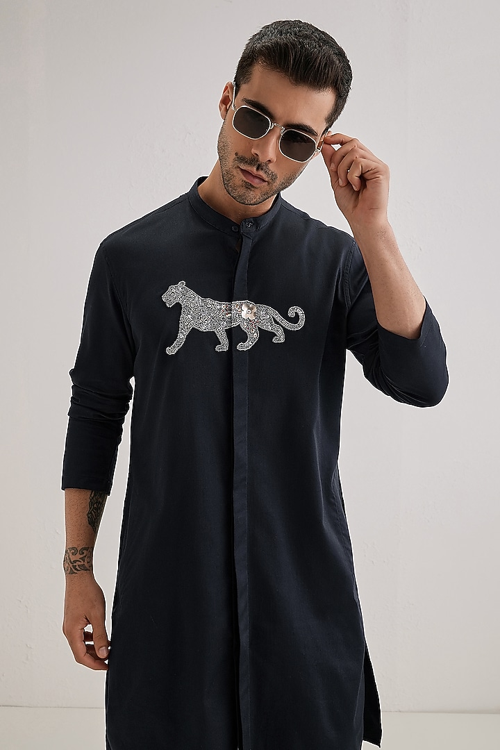 Navy Cotton & Satin Hand Embroidered Kurta by Komal Kothari at Pernia's Pop Up Shop