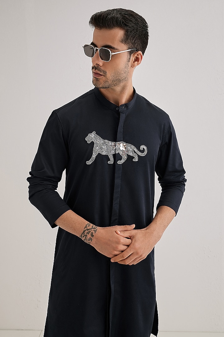 Navy Cotton & Satin Hand Embroidered Kurta by Komal Kothari at Pernia's Pop Up Shop