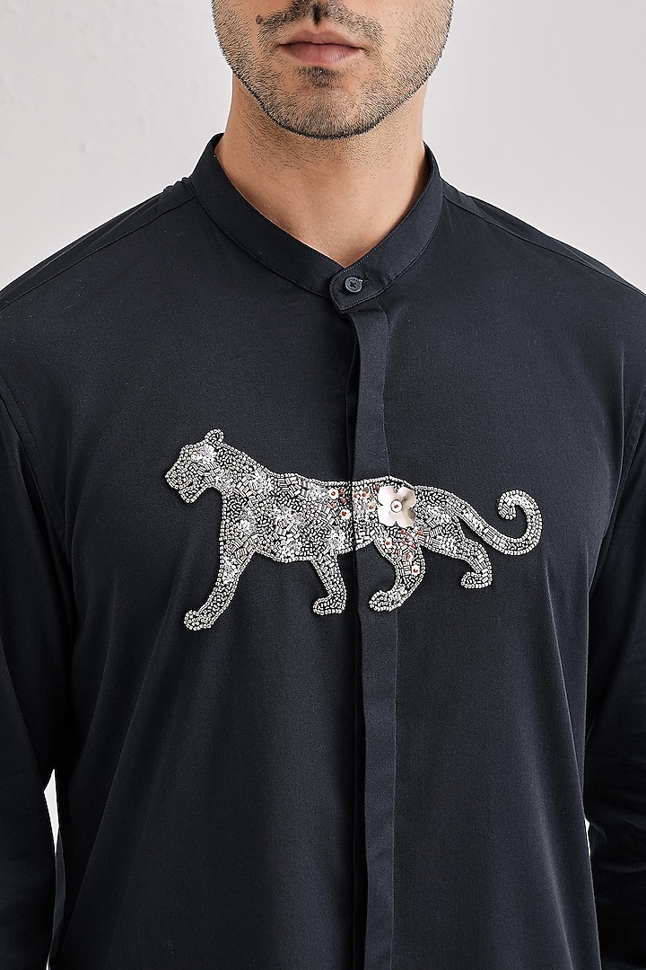 Navy Cotton & Satin Hand Embroidered Kurta by Komal Kothari at Pernia's Pop Up Shop