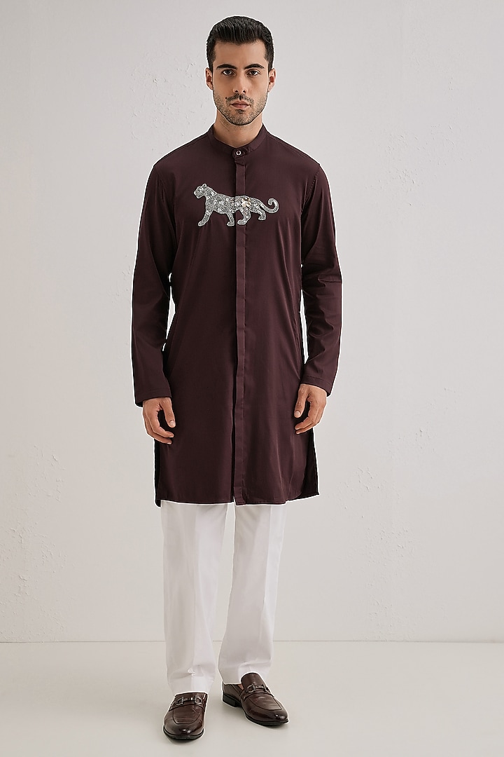 Wine Cotton & Satin Hand Embroidered Kurta by Komal Kothari at Pernia's Pop Up Shop