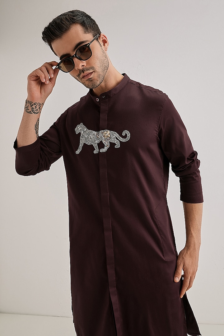 Wine Cotton & Satin Hand Embroidered Kurta by Komal Kothari at Pernia's Pop Up Shop