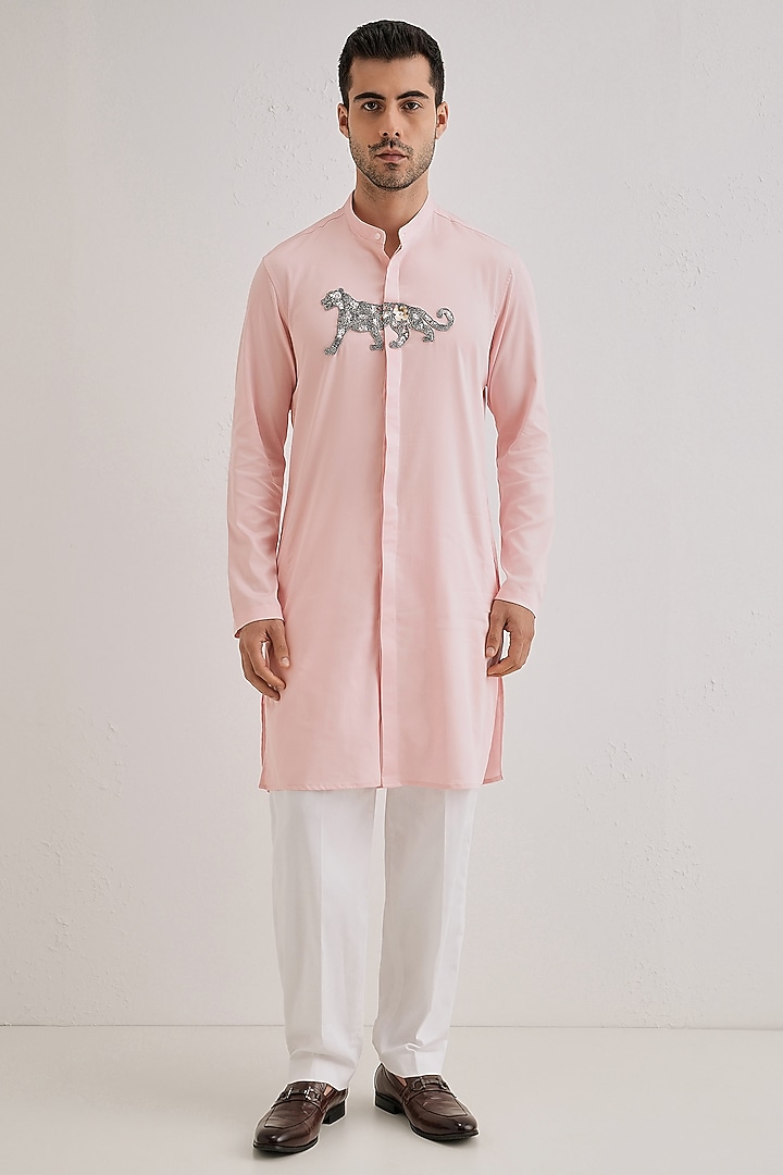 Pink Cotton & Satin Hand Embroidered Kurta by Komal Kothari at Pernia's Pop Up Shop