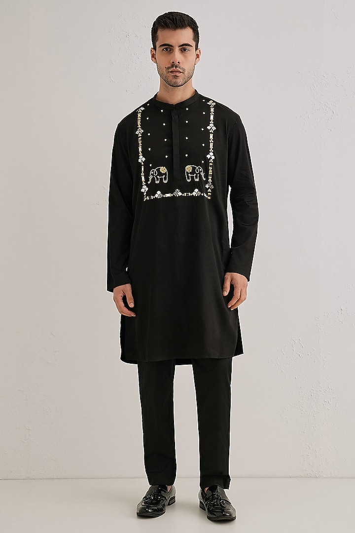 Black Cotton & Satin Hand Embroidered Kurta by Komal Kothari at Pernia's Pop Up Shop