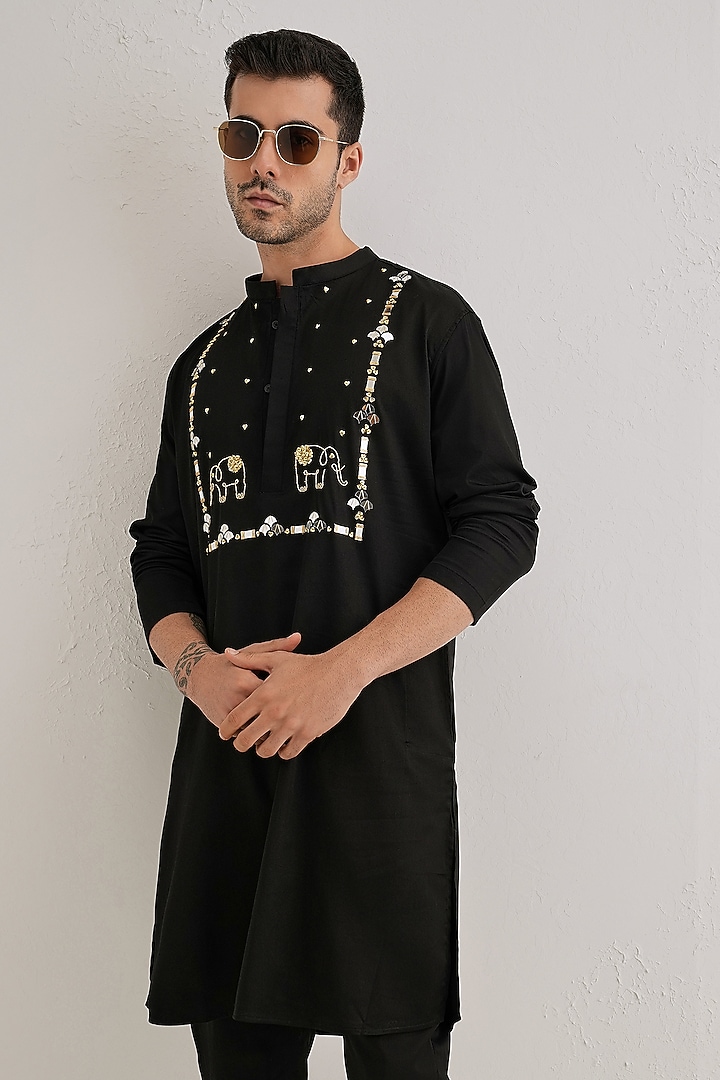 Black Cotton & Satin Hand Embroidered Kurta by Komal Kothari at Pernia's Pop Up Shop