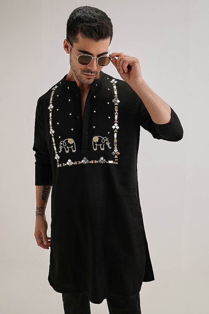 Black Cotton & Satin Hand Embroidered Kurta by Komal Kothari at Pernia's Pop Up Shop