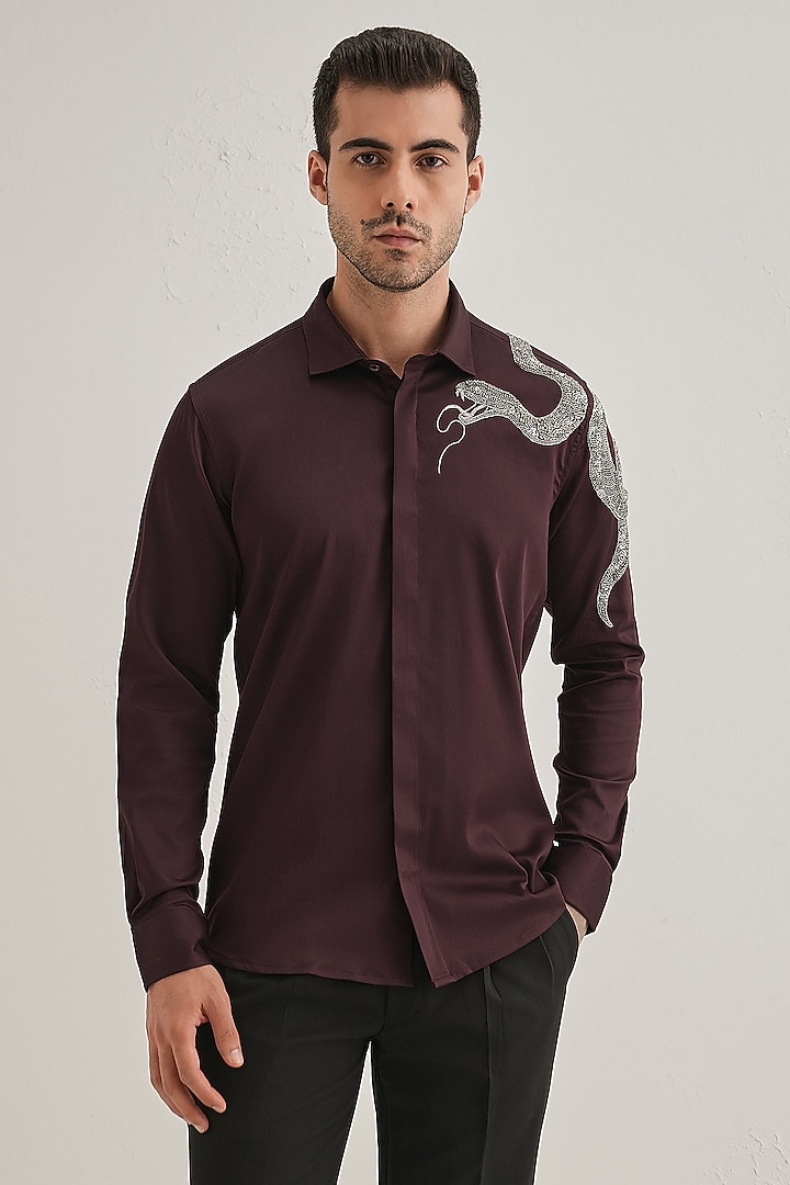 Wine Cotton & Satin Hand Embroidered Party Wear Shirt by Komal Kothari at Pernia's Pop Up Shop