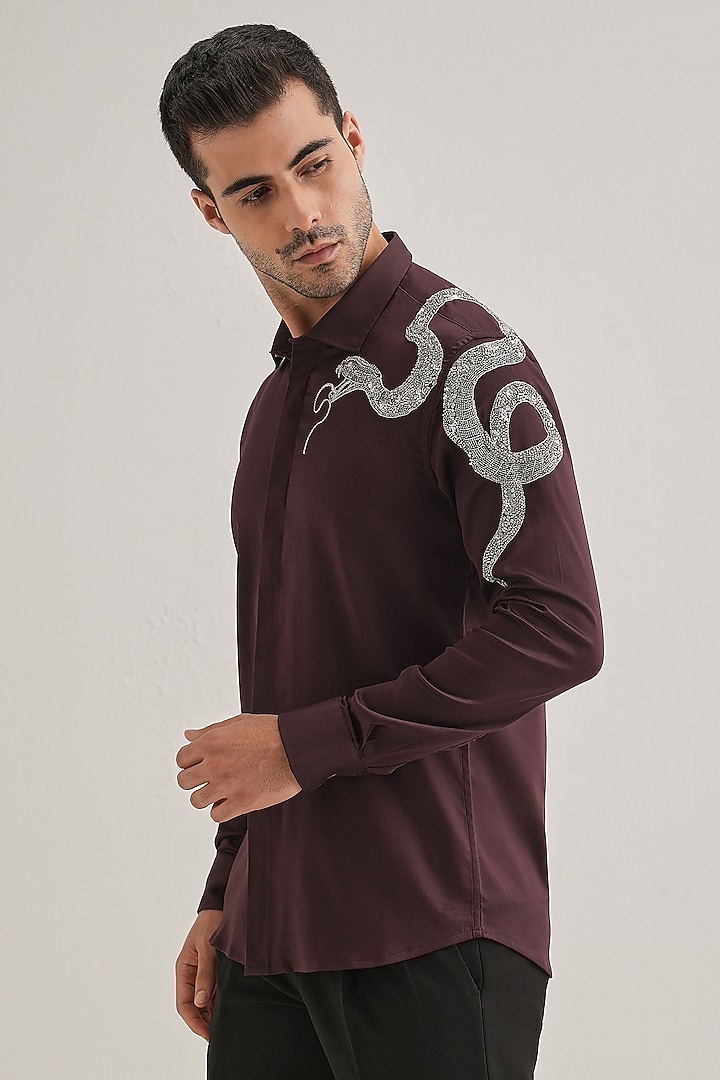 Wine Cotton & Satin Hand Embroidered Party Wear Shirt by Komal Kothari at Pernia's Pop Up Shop