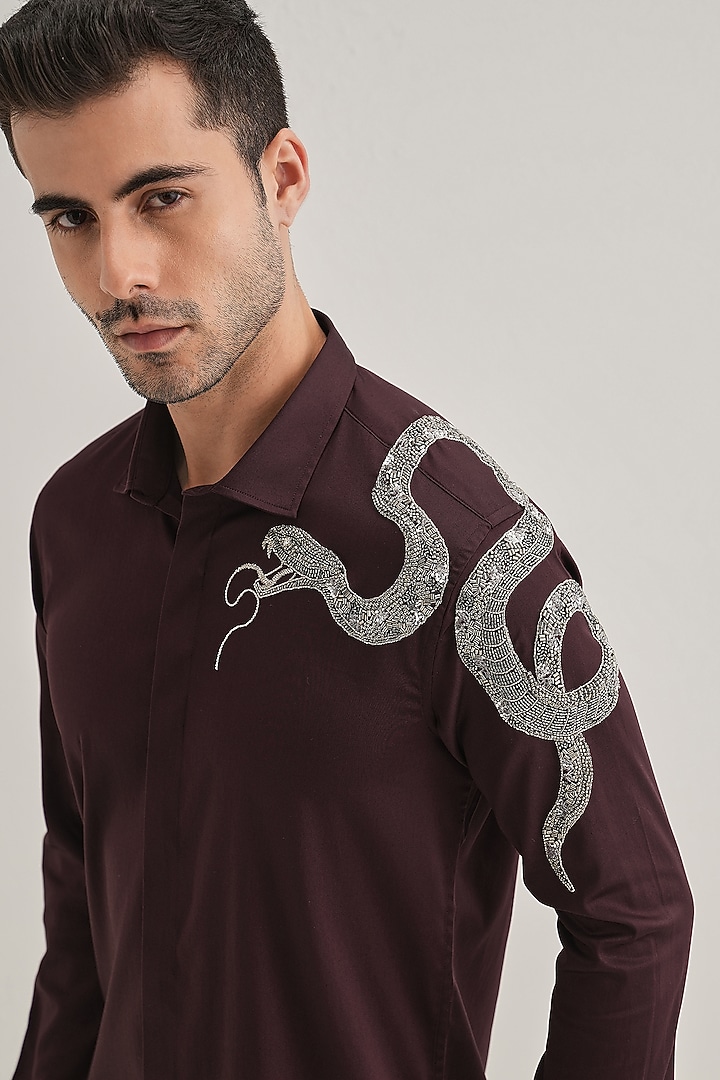Wine Cotton & Satin Hand Embroidered Party Wear Shirt by Komal Kothari at Pernia's Pop Up Shop