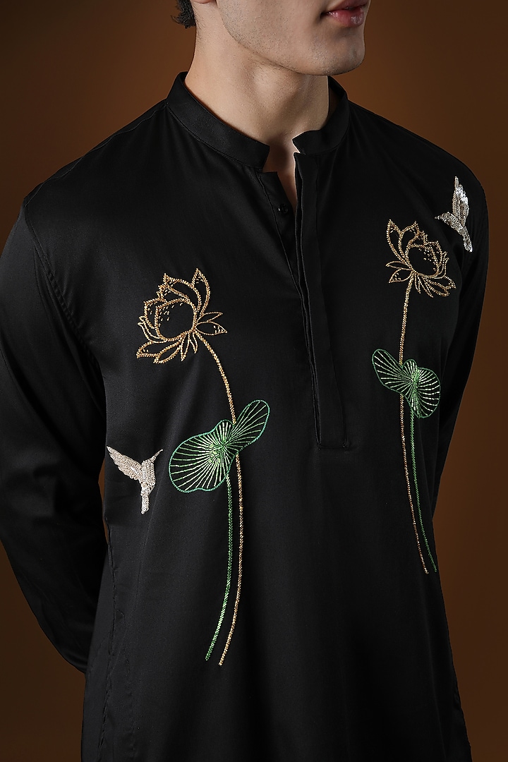 Black Cotton Lotus Hand Embroidered Kurta by Komal Kothari at Pernia's Pop Up Shop