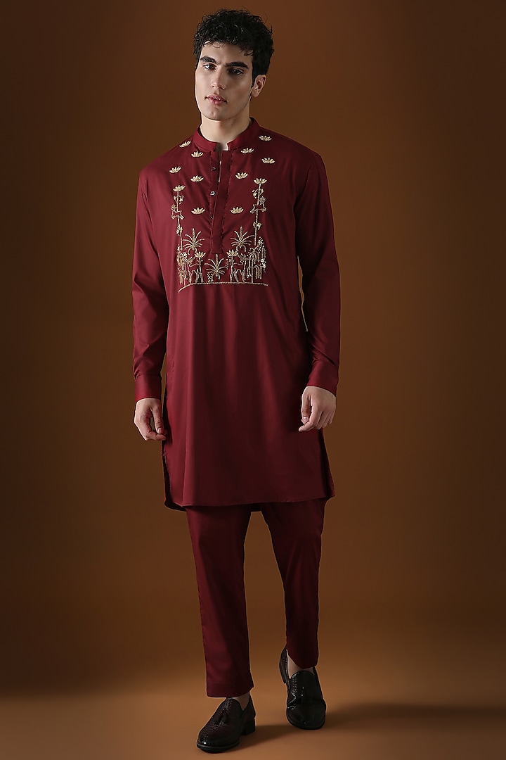 Maroon Cotton Hand Embroidered Kurta by Komal Kothari