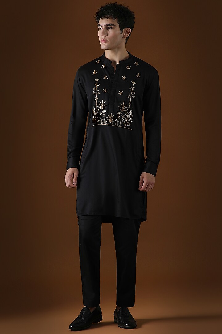 Black Cotton Hand Embroidered Kurta by Komal Kothari