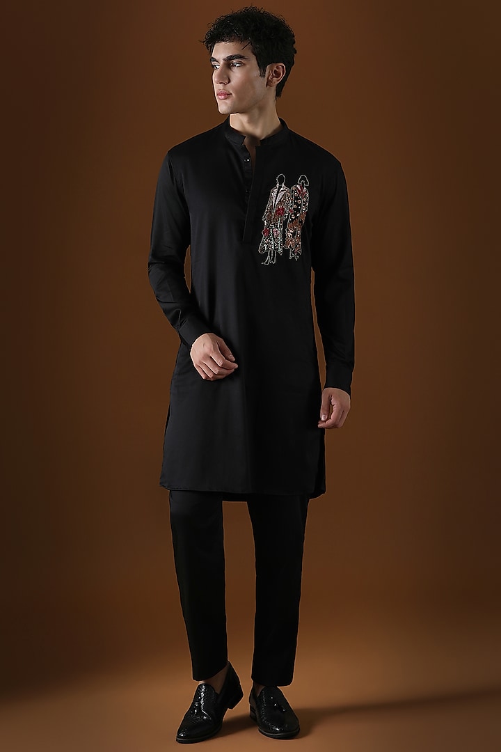 Black Cotton Hand Embroidered Kurta by Komal Kothari