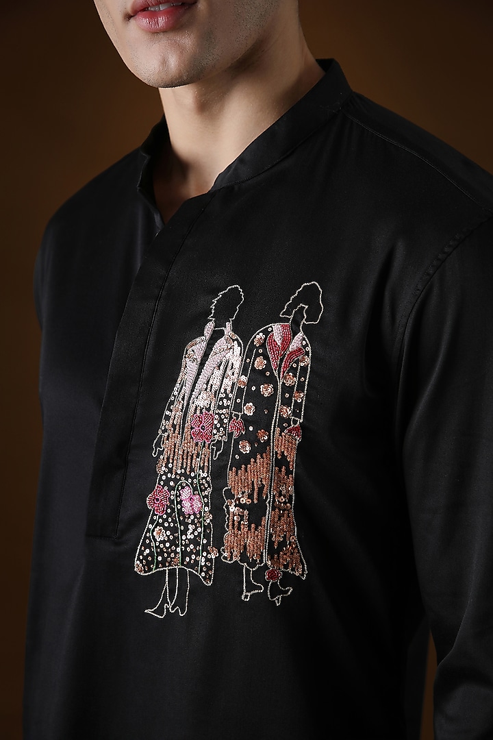 Black Cotton Hand Embroidered Kurta by Komal Kothari at Pernia's Pop Up Shop