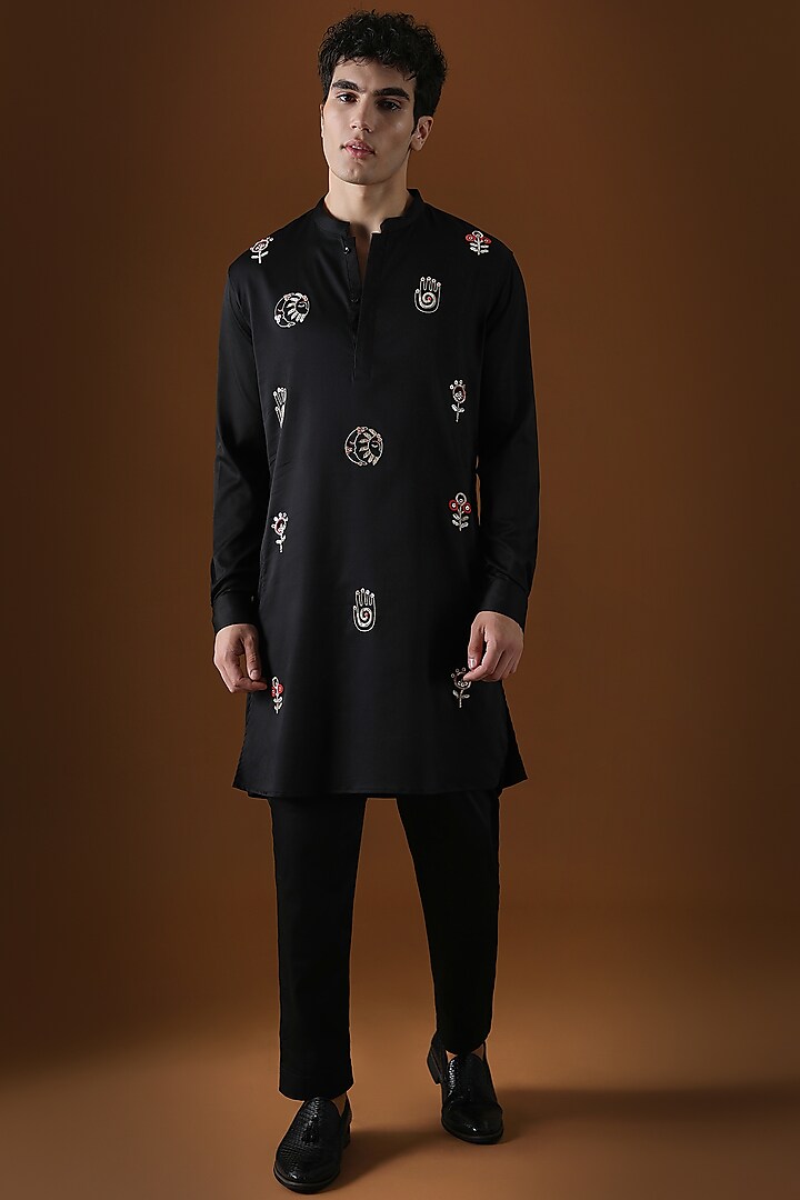 Black Cotton Hamsa Hand Embroidered Kurta by Komal Kothari