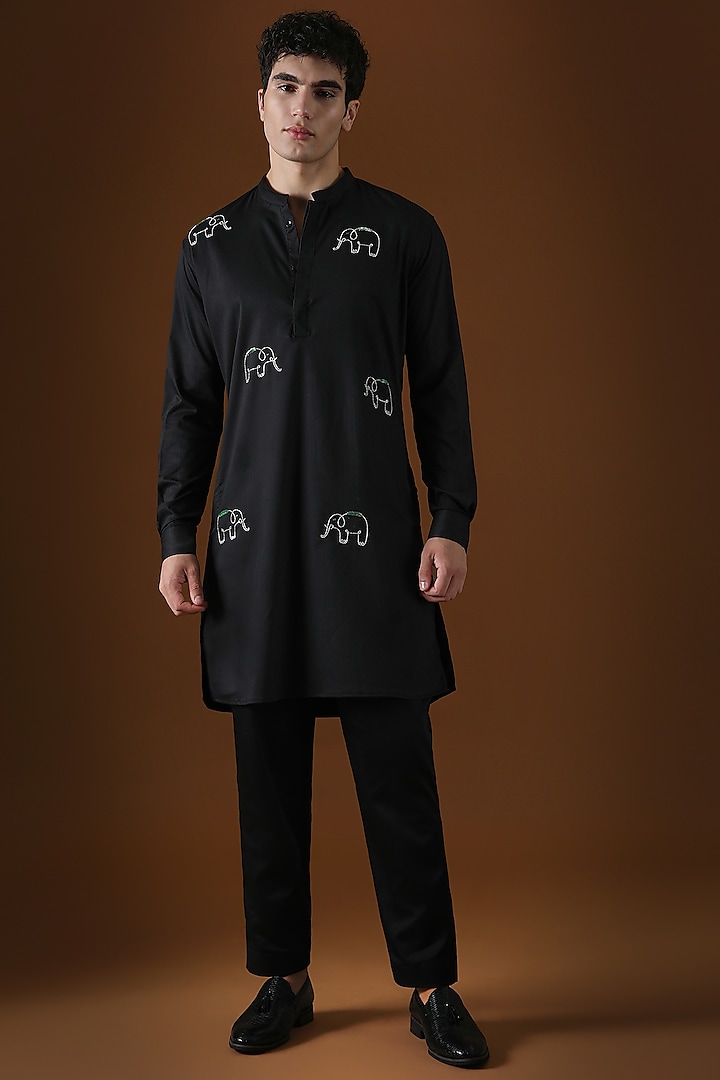 Black Cotton Calves Hand Embroidered Kurta by Komal Kothari