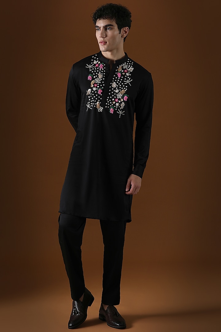 Black Cotton Floral Hand Embroidered Kurta by Komal Kothari