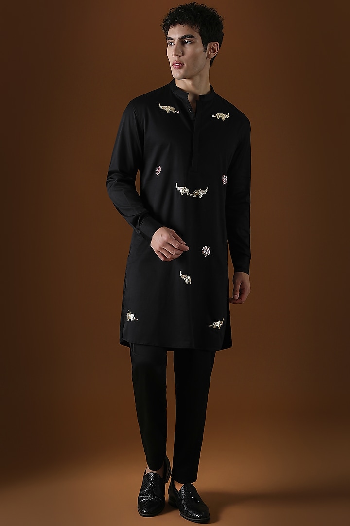 Black Cotton Elephant Hand Embroidered Kurta by Komal Kothari