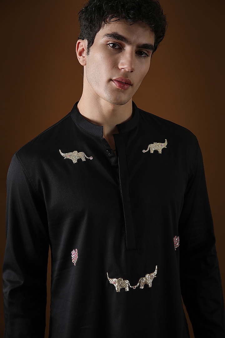 Black Cotton Elephant Hand Embroidered Kurta by Komal Kothari at Pernia's Pop Up Shop
