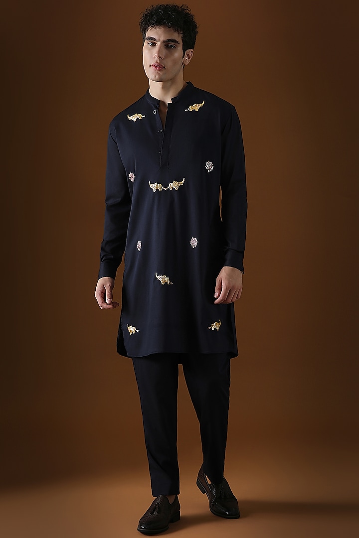 Navy Blue Cotton Elephant Hand Embroidered Kurta by Komal Kothari